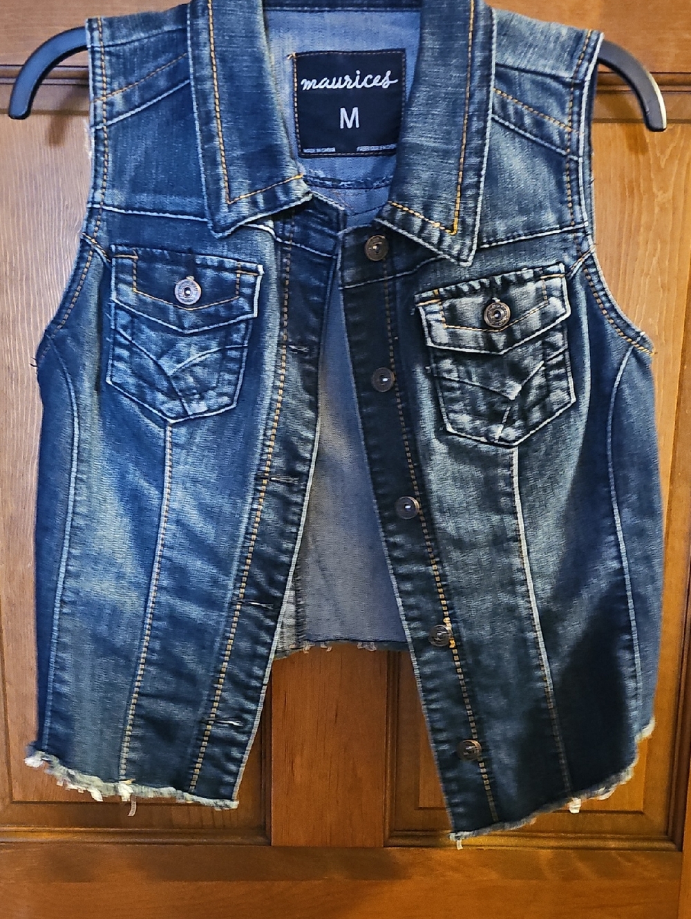 Maurices Sleeveless Distressed Denim Vest in Dark Blue